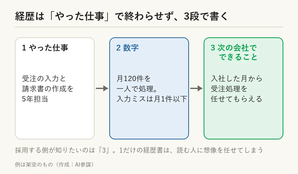経歴は3段で書く：やった仕事、数字、次の会社でできること