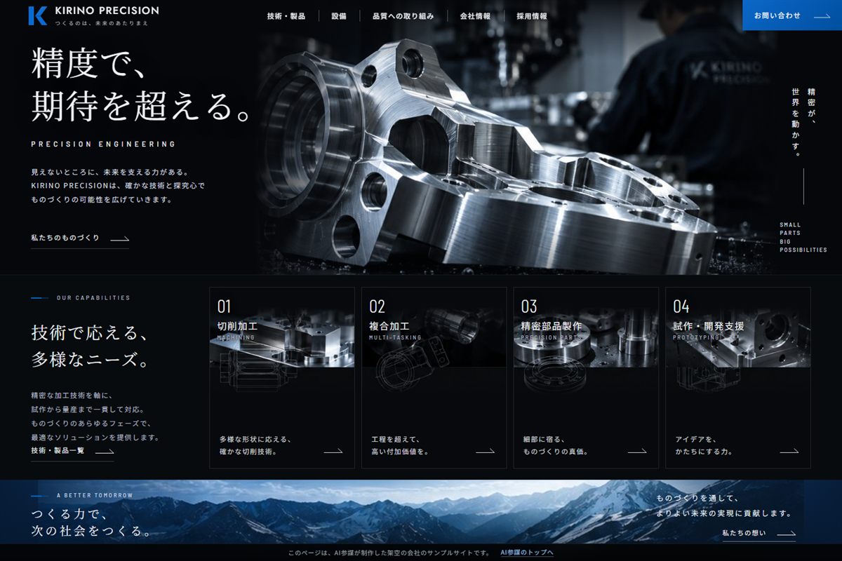 町工場「KIRINO PRECISION」のサンプルサイト（AI参謀 制作）