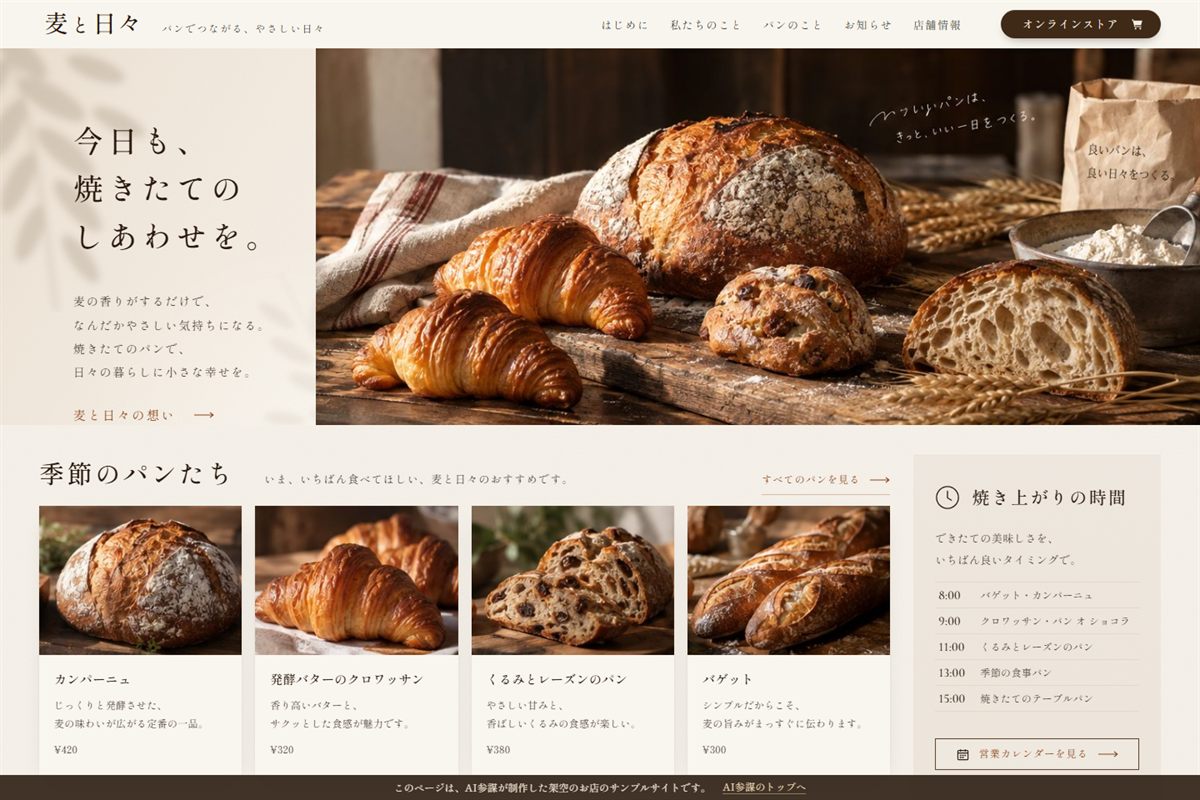 パン屋「麦と日々」のサンプルサイト（AI参謀 制作）