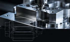 マシニングセンタでアルミブロックを切削する様子