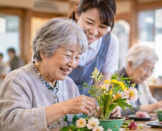スタッフと一緒にお花を生けて楽しむご利用者さま