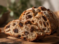 断面から具材がのぞく、くるみとレーズンのパン
